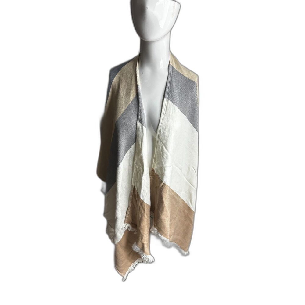 LOFT OUTLET Colorblock Open Front Poncho Neutral Panels with Fringed Edges OS